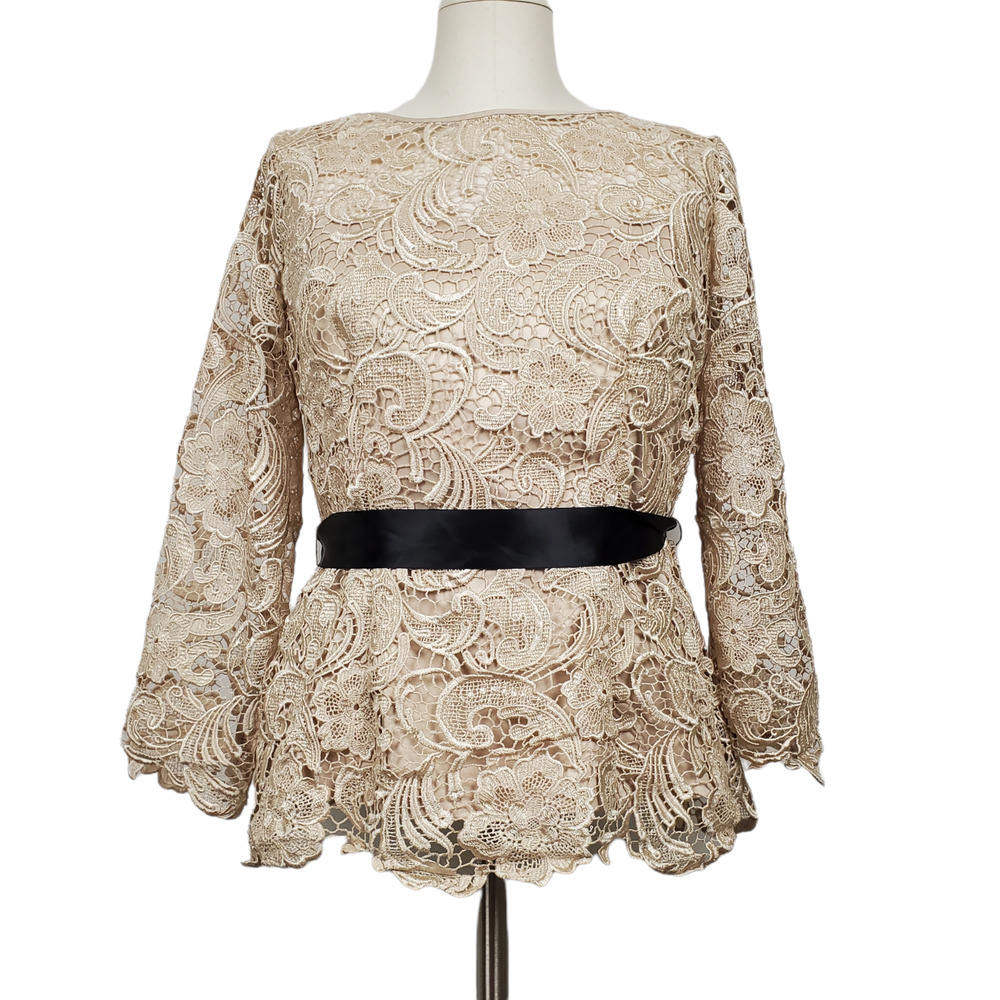 ADRIANNA PAPELL Crochet Lace Special Occasion Blouse Champagne Women's Size 10